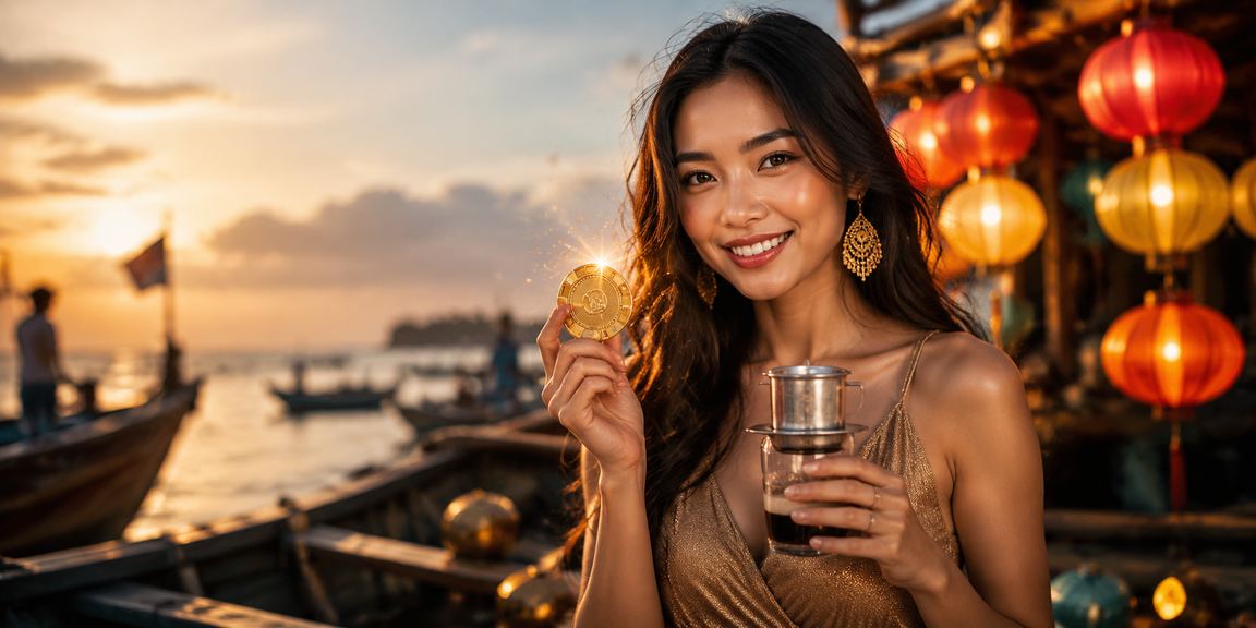 Khách du lịch tại Hội An xem thông tin thanh toán casino trên điện thoại tại quán cà phê